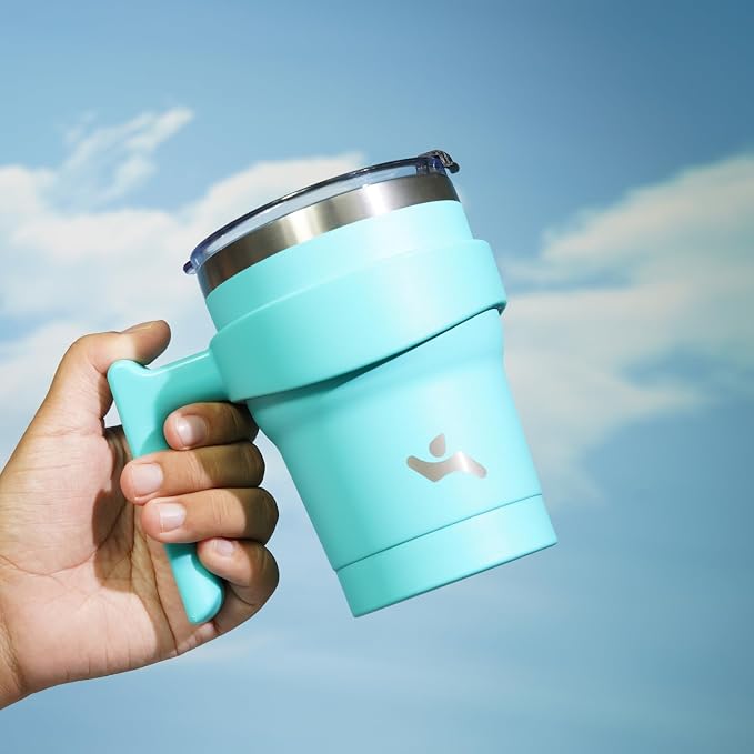 Konokyo 10 oz Tumbler with Handle and Straw, Insulated Travel Mug | Turquoise; - Image 5
