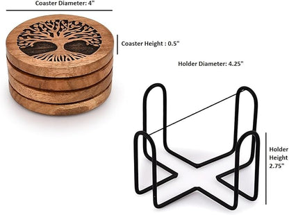 Kimona Coasters Set of 4 Handmade Round Wooden Tree of Life Coasters - Image 5