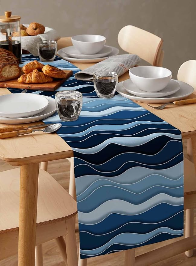 Abstract Blue Moire Table Runners 70 Inches Long, Cotton Linen Fabric Table - Image 3