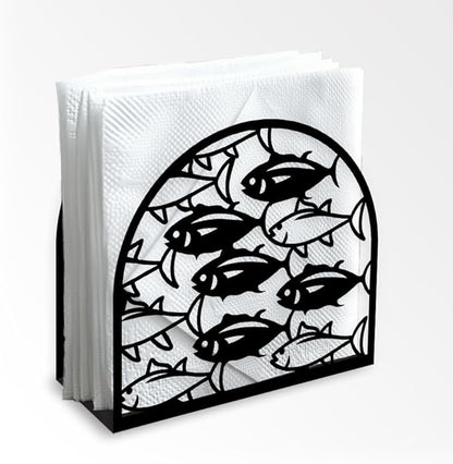 School of Fish Decorative Black Metal Napkin Holder for Table, 5.3"x4.9"x1.9" Shoal of Fish Ocean Animal Standing Napkin Holder for Home Kitchen Restaurant Picnic Coffee Bar Dining Room