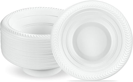 PLASTICPRO 100 PCS White Plastic Soup Bowls 12 oz Premium Quality Light Weight Dishes Disposable Plastic Bowls for Parties Weddings