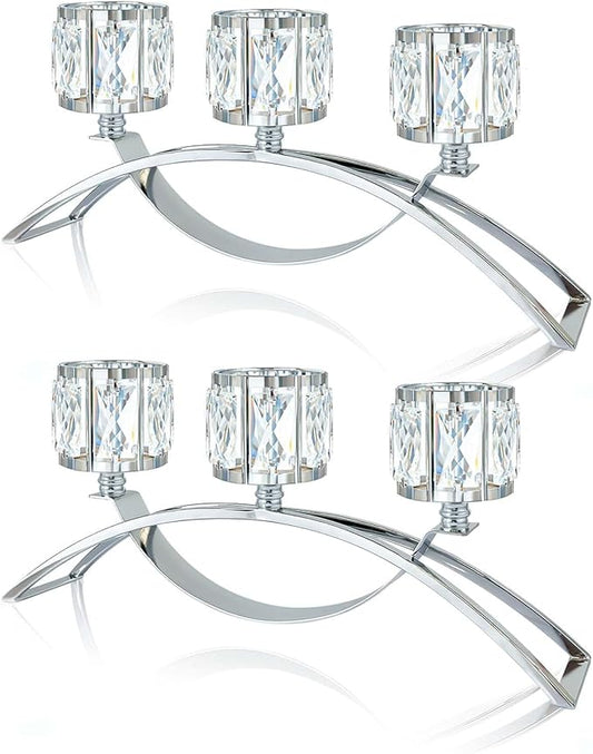 3 Arms Crystal Candle Holders, Arch Candlestick Table Candelabras Centerpieces for Wedding, Dinning Room, Cabinet Ornaments, Home Decoration， Gift (Silver, 2 Pcs-3 Arm Arched)