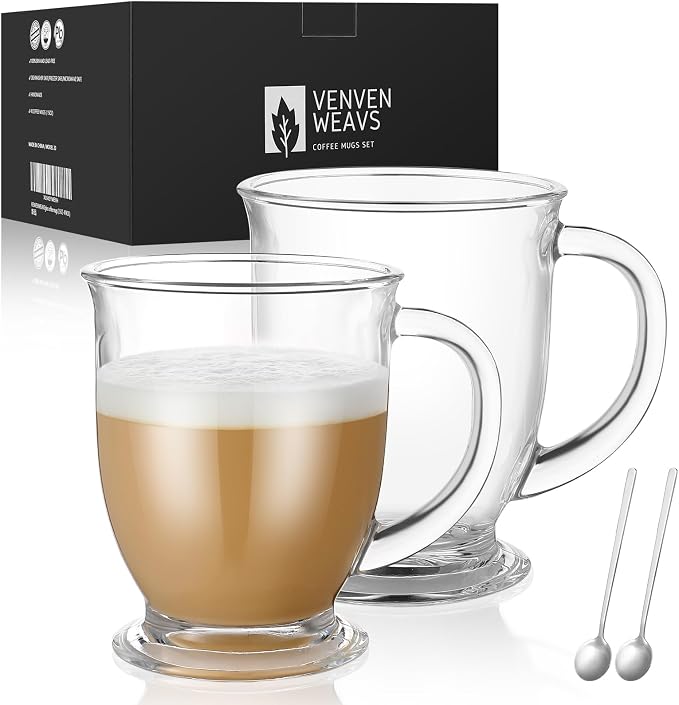 VENVENWEAVS Glass Coffee Mugs Set of 2, 15 OZ Lead-free Clear Coffee Cups by PREMIUMGLASSWARE