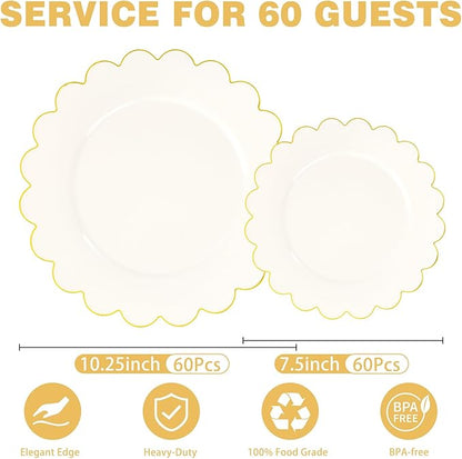 LIYH 120 Pcs Ivory Scalloped Plastic Plates Disposable - Ivory and Gold Plastic Plates - Gold Fancy Disposable Party Dinner & Dessert Plate for Wedding Birthday Valentines Day