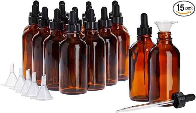 Juvale Amber Glass UV-Protected Amber Dark Glass Bottles with Droppers for Essential Oils & Travel Liquids - 4 Oz, 15-Pack, Apothecary Style - Leak-Proof Dropper Bottle Set with 6 Funnels