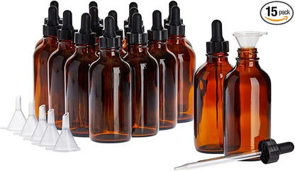 Juvale Amber Glass UV-Protected Amber Dark Glass Bottles with Droppers for Essential Oils & Travel Liquids - 4 Oz, 15-Pack, Apothecary Style - Leak-Proof Dropper Bottle Set with 6 Funnels