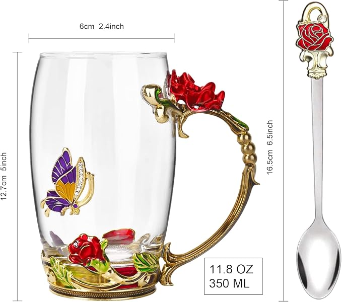 Flower Tea Cup, Butterfly Rose Clear Glass Fancy Coffee Mug - Image 2