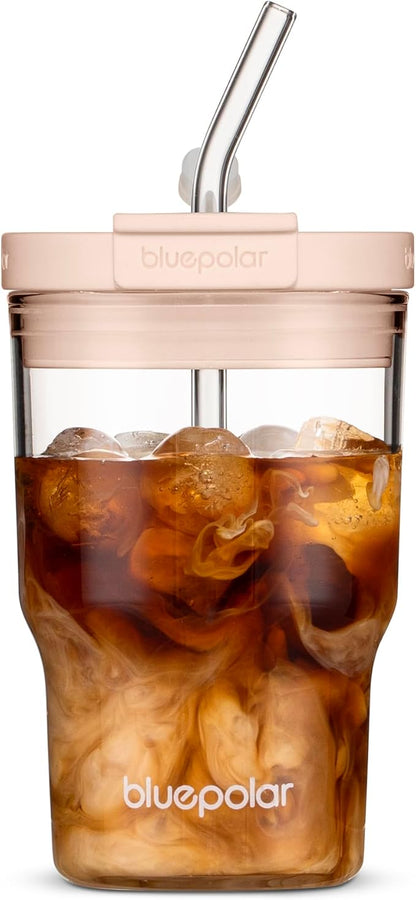 Glass Cups with Lids and Straws, 16oz/480mll Reusable Iced Coffee Glasses & by BLUEPOLAR
