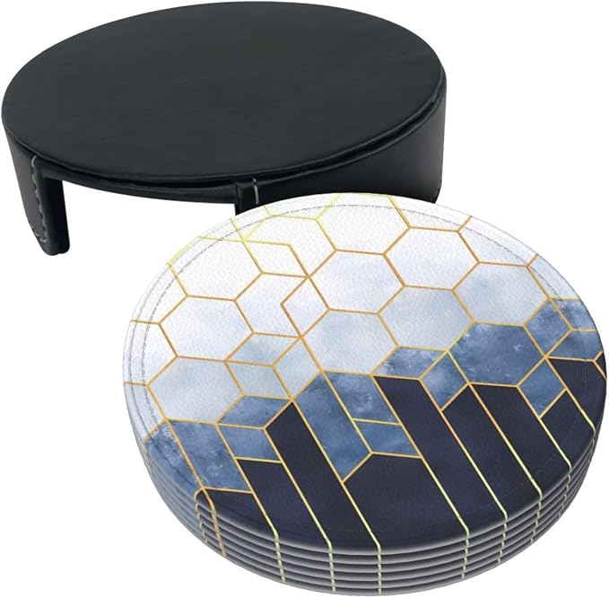 6 Pcs Blue Gold Marble Geometric Hexagons Leather Coasters - Image 4
