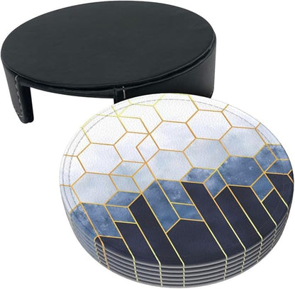 6 Pcs Blue Gold Marble Geometric Hexagons Leather Coasters - Image 4