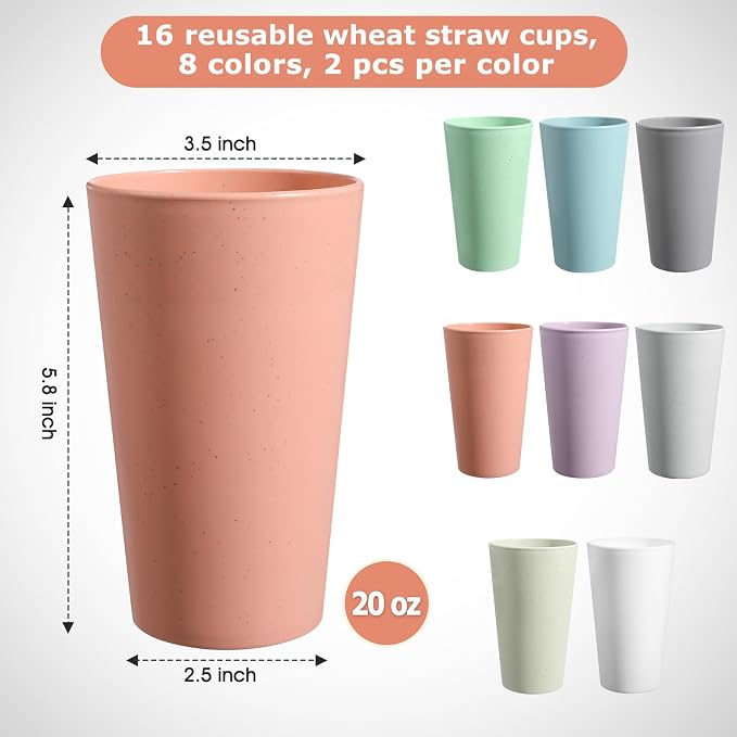 HEYCOME Set of 16 Wheat Straw Cups, Reusable Plastic Cups Sets, Water Glasses - Image 2