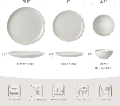 Famiware Moonlight Plates and Bowls Sets, 24 Pieces Stoneware Dinnerware Sets with Linen Finish, Dishware set for 8, Microwave and Dishwasher Safe, Chip and Scratch Resistant, White