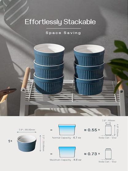 DOWAN 8 oz Porcelain Ramekins Bowls for Souffle, Creme Brulee, Classic Style Ramekins for Baking Oven Safe, Set of 6, Airy Blue