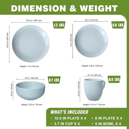 Yoshy 16-Piece Blue Bone China Dinnerware with Lightweight Durable Chip Resistant Design Service for 4