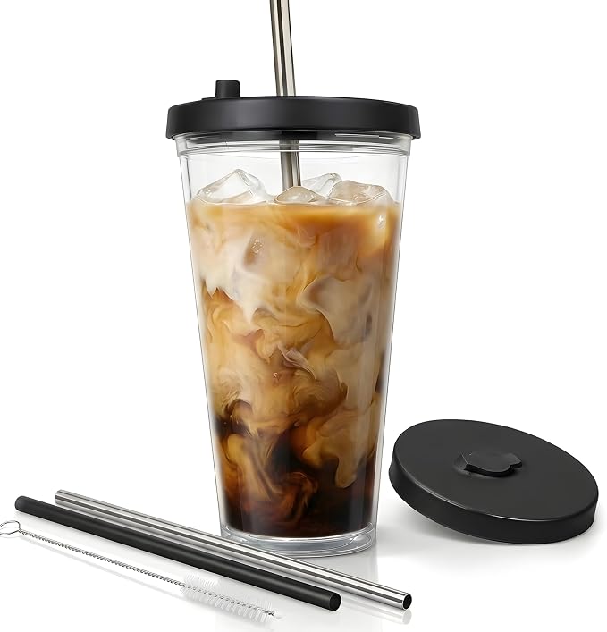 Reusable Iced Coffee Cup with Lid and Straw, 16 oz/Grande, BPA-Free Double-Wall by KensalHome
