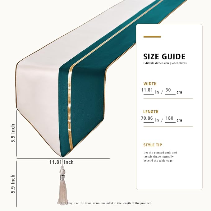 Avigers Table Runner 12 x 72 Inch, Emerald Green White, Tassels | Faux Silk - Image 2