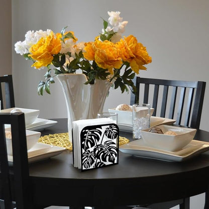 Monstera Leaf Decorative Black Metal Napkin Holder for Table, 4.9" x 4.9" x 1.9" Monstera Deliciosa Standing Napkin Holder for Home Kitchen Restaurant Picnic Party Coffee Bar Dining Room