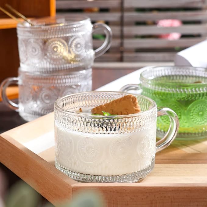 Vintage Glass Coffee Mugs Set of 4, 14 Ounces Embossed Glass Coffee Cups - Image 7