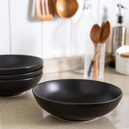 AmorArc 8.75‘’ Large Pasta Bowls, 42 ounce Deep Stoneware Bowls Set of 4 for Kitchen, Wide Bowl for Pasta/Salad/Fruit/Oatmeal/Soup, Microwave&Dishwasher Safe-Matte Black