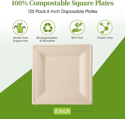ECOLipak 125 Pack Compostable Square Paper Plates 6 inch Disposable, Eco-friendly Heavy Duty Biodegradable Sugarcane Plates