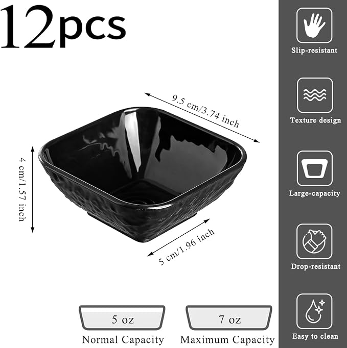 Berglander Dip Bowls Set 12pcs, 6 oz Black Plastic Dipping Bowls, Matte Stone - Image 2