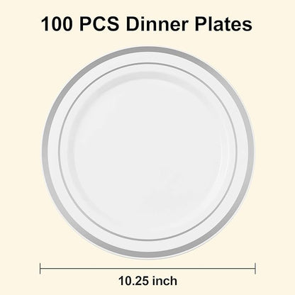 BESTSTAR 100PCS White Plastic Plates for Party, 10.25 Inch Disposable Plates with Silver Rim, Heavy Duty Dinner Plates for Christmas, Wedding and Birthday