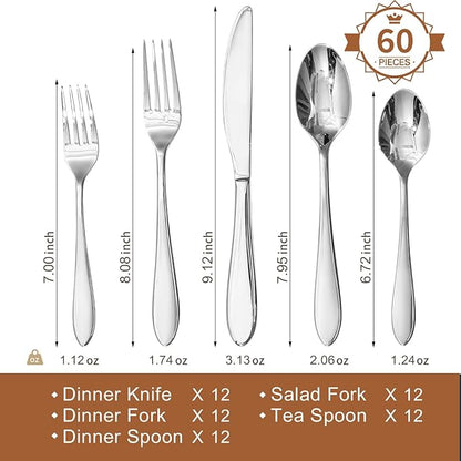 KINGSTONE 60-Piece Silverware Set for 12,18/10 Premium Stainless Steel Flatware Set, for Home, Restaurant, Wedding and Party Use, Mirror-Polished Cutlery Set, Dishwasher Safe
