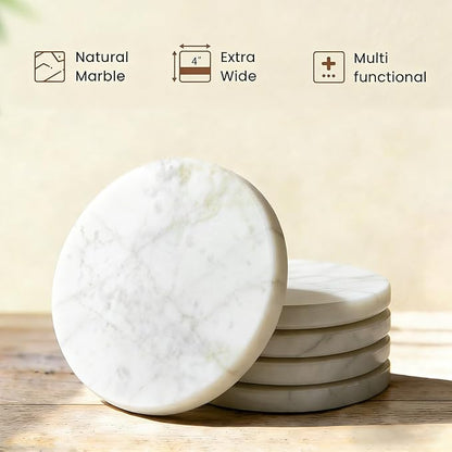 Natural Marble Coasters, Round Costers, Luxury Aesthetic Modern Decor for Coffee Table Bar Kitchen Home, White Marble, Real Natural Semi Absorbent Stone Coasters