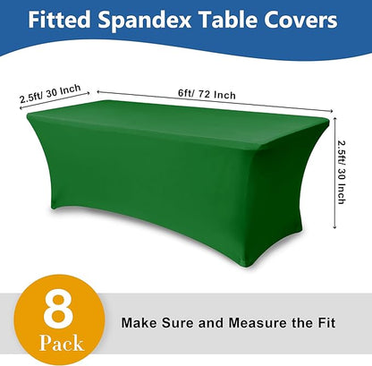 Stretch Table Cover for 6 Foot Rectangle Tables-8 Pack Green Spandex Fitted Tablecloth-Elastic 6ft Christmas Tablecloths for Party, Vendor Booth Display, Banquet Event, Craft Trade Show