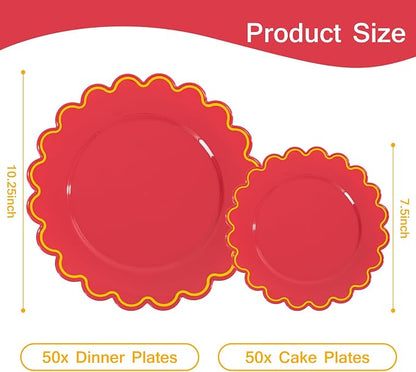 LIYH 100 Red Scalloped Plastic Disposable Plates - Image 2