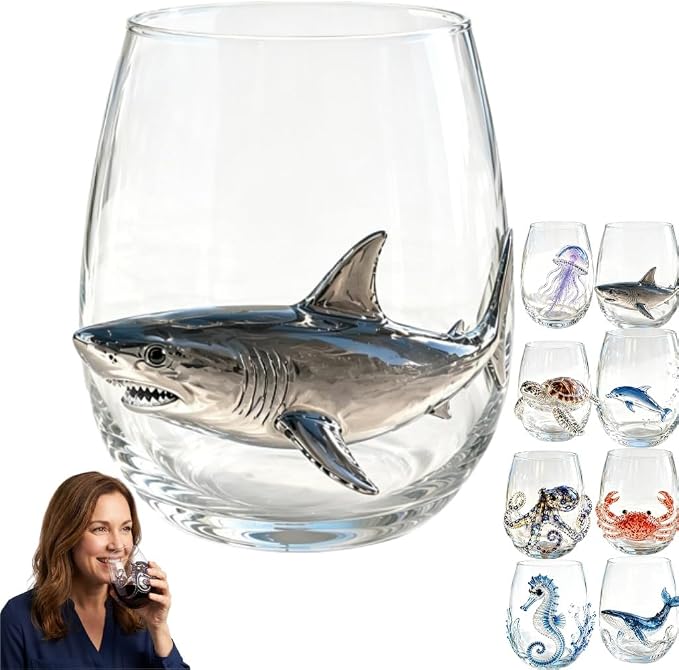 Artisanal Blue Ringed Octopus Glassware, 3D Ocean Glass Wine Glass，Shark | by Unknown