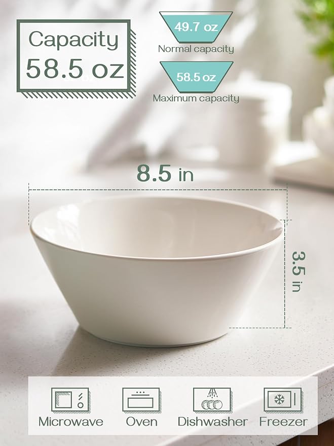 DOWAN Large Salad & Soup Bowls - 60 OZ Ceramic White Bowls - Image 3