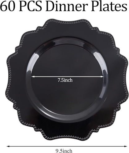 COLOSUS 60pcs Black Plastic Party Dinner Plates - 9.5 Inch- Heavy Duty Disposable Plastic Dinner Plates for Party Wedding Birthday and Everyday Use