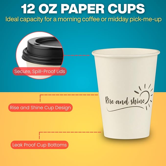 Disposable Coffee Cups with Lids, To Go Paper Hot Cups, Rise and Shine Design - Image 5