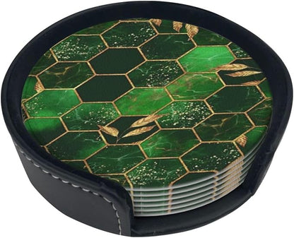 6 Pcs Leaves Marble Honeycomb Plaid Geometric Abstract Green Leather Coasters - Image 2