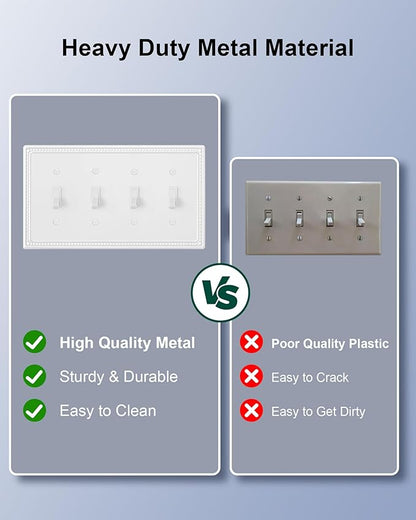 2-Pack Quad Toggle Light Switch Cover Plate, 4 Gang Metal Switch Plate Covers, Pure White Pearls Decorative Wall Plate, Corrosion Resistant