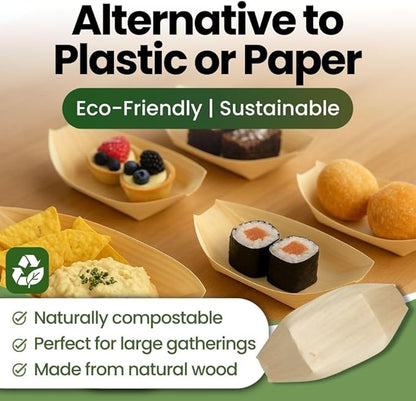 Dtocs 135mm Disposable Wooden Boat Plates 50 Pcs. Biodegradable Wood Serving Boats | Eco-Friendly Food Boats for Sushi, Desserts, Appetizers, Snacks | Alternate to Plastic, Bamboo, Paper Plates