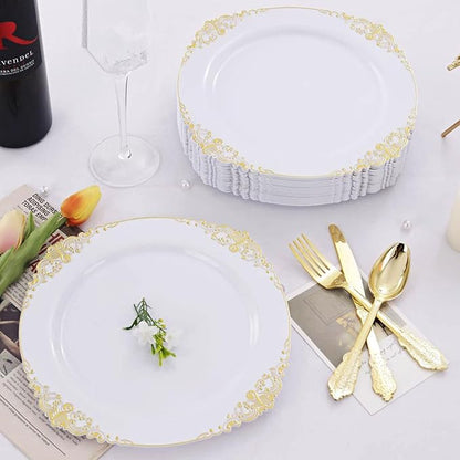 25 Pack 10.5 Inch golden Rim Plastic Plates, Heavy Duty Disposable White - Image 4