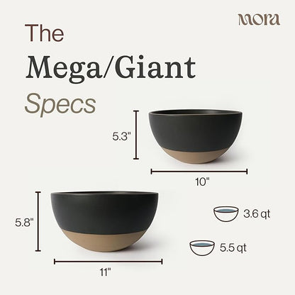 MORA Mega and Giant Bowls Set of 2, 5.5 and 3.5 Qt Ceramic Pottery Mixing Bowls - Microwave and Dishwasher Safe - Liquorice