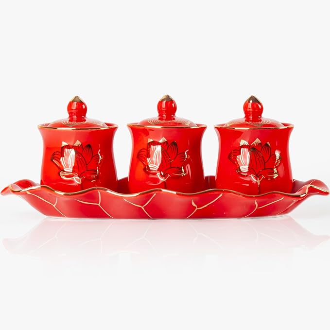 QINLANG Red Buddhist 3 Altar Cups Set, Buddha Water Cup Set of 3, Ceramic Holy by QINLANG