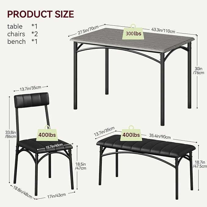 4-Piece Small Dining Table Set – Wood Table with 2 Upholstered Chairs & Bench, Space-Saving Retro Kitchen Dining Set for Small Apartment/Dining Room, Gray