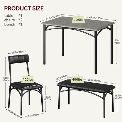 4-Piece Small Dining Table Set – Wood Table with 2 Upholstered Chairs & Bench, Space-Saving Retro Kitchen Dining Set for Small Apartment/Dining Room, Black