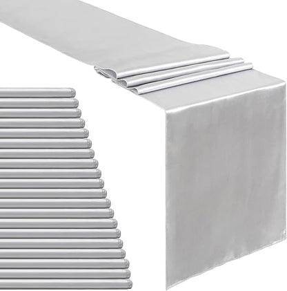 Silver Table Runners 20 Pack 12x108 inch Silk Satin Smooth Fabric | Satin Table by B-COOL