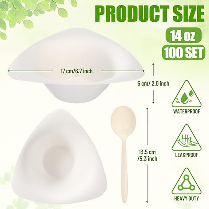 100 Pack Triangle Paper Bowls with Spoon 14oz Disposable Paper Soup Bowls Dessert Fancy Ice Cream Cups for Hot Food, Soup, Salad, Meals