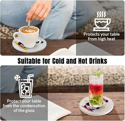 Ceramic Coasters Set of 6, Marble-Textured Design with Holder - Absorbent Cork-Backed Coasters for Cups, Bar & Coffee Table Decor Accessories (Panda, 6 Pack)
