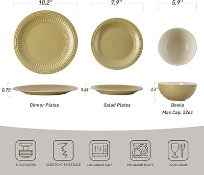 Famiware Garden Plates and Bowls Set for 6, 18-Piece Kitchen Dishes Dinnerware Set - Microwave and Dishwasher Safe, Scratch Resistant, Reactive Glaze and Embossed Stoneware Tableware, Yellow