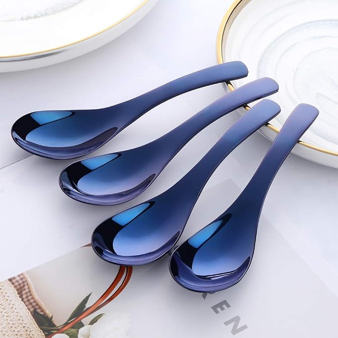 Blue Soup Spoons, Stainless Steel Polished Thick Heavy Duty Asian Rice Table - Image 2