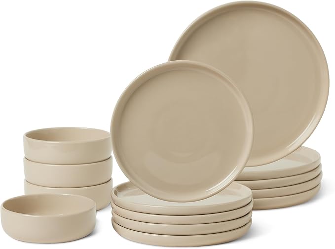 Amazon Basics Glazed Stoneware Dinnerware, 12-Piece Set, 4 Full Place Settings by AmazonBasics
