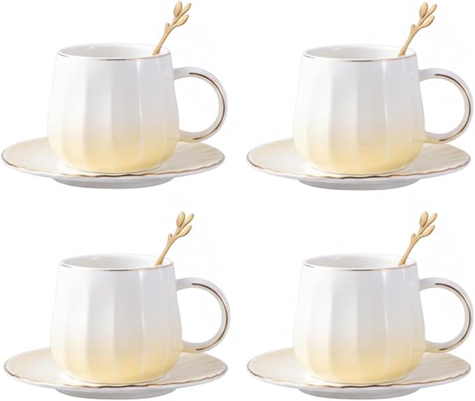 Ceramic Espresso Cups and Saucers Set of 4, 7oz Porcelain Cups by LGQ