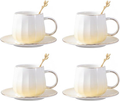 Ceramic Espresso Cups and Saucers Set of 4, 7oz Porcelain Cups by LGQ